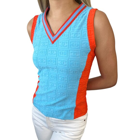 CHANEL Vintage 02S CC Mark Logo Tank Top #38 Terry Orange Blue Nylon [103087] - Picture 2 of 10